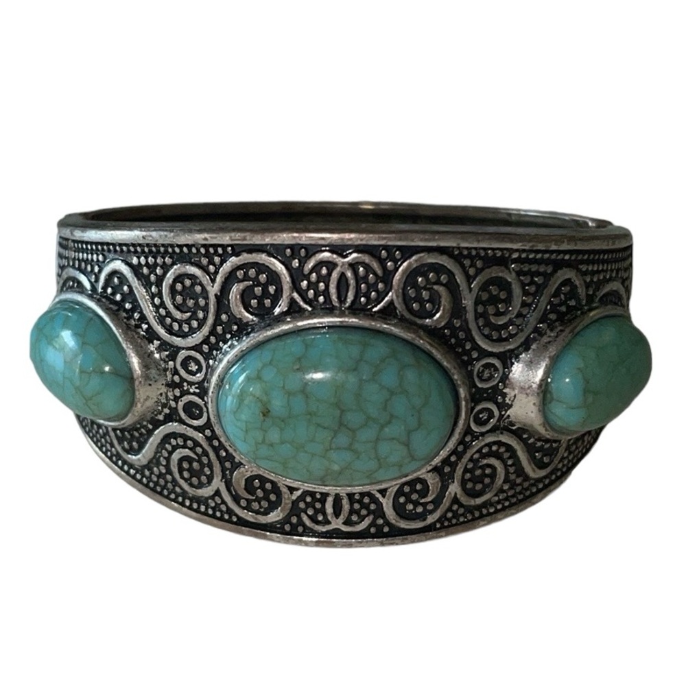 Pretty Faux Turquoise Engraved / Carved Clamper Bracelet ~ Cuff